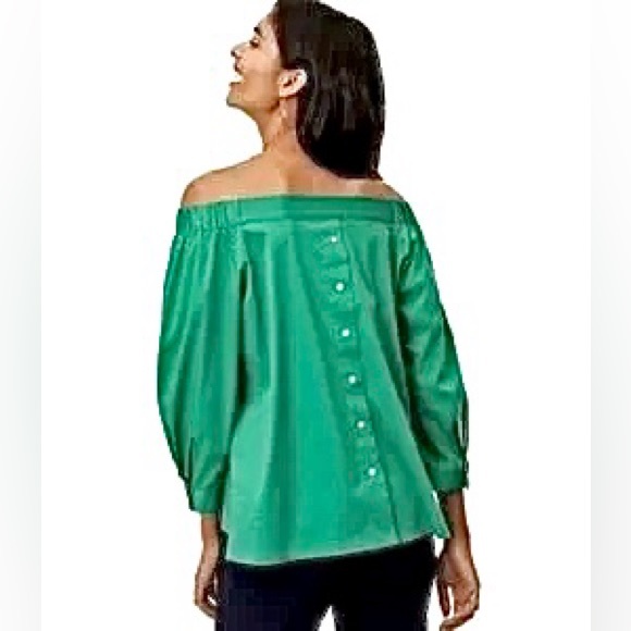 Ann Taylor LOFT New! Kelly Green Button Back Womens Sz S Off The Shoulder Blouse - Picture 2 of 13